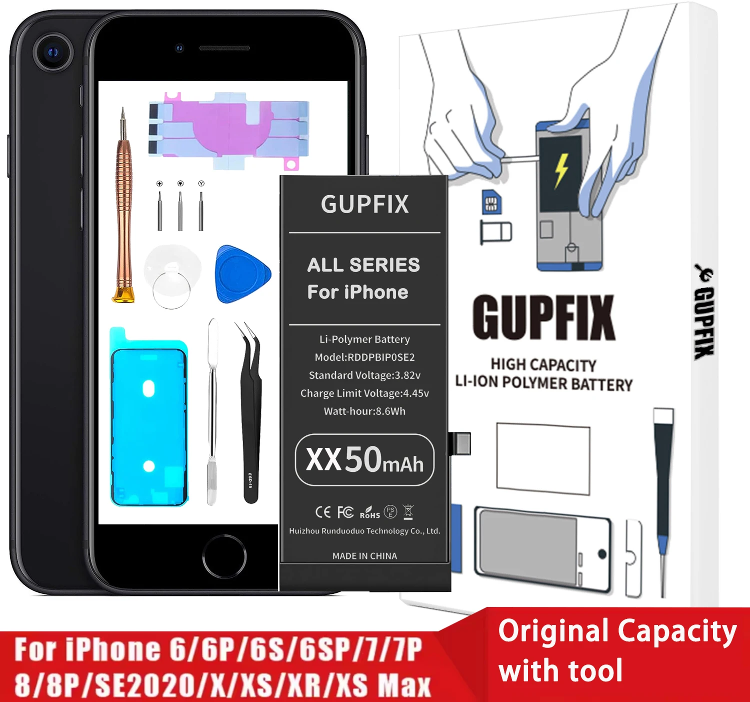 

Замена литий-полимерной аккумуляторной батареи GUPFIX стандартной емкости для iPhone 5 5s SE 6 6s plus 7plus 8 8plus с набором инструментов