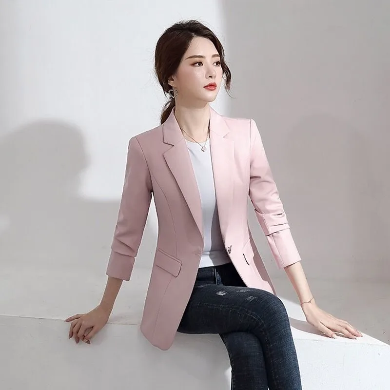 2025 outono nova chegada feminino blazer rosa-elegante jaqueta formal de ajuste fino com roupa preta combinando, elegante profissional wear