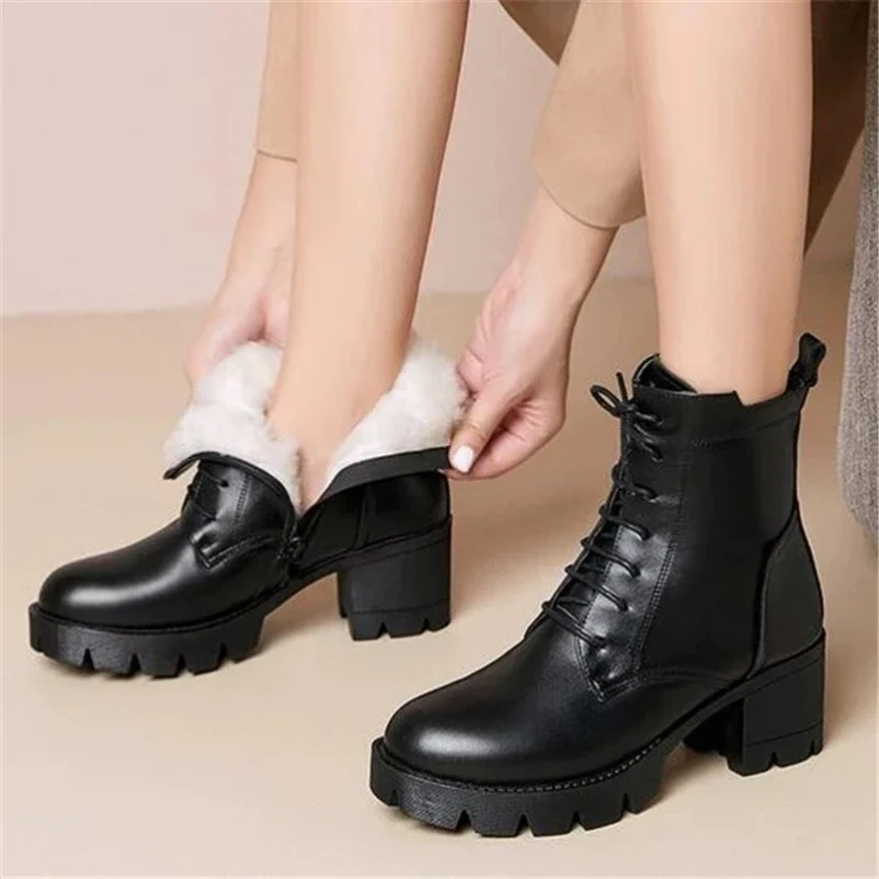 

2025 зимние ботинки, женские ботильоны из натуральной кожи, теплые шерстяные мотоциклетные ботинки на шнуровке, женские