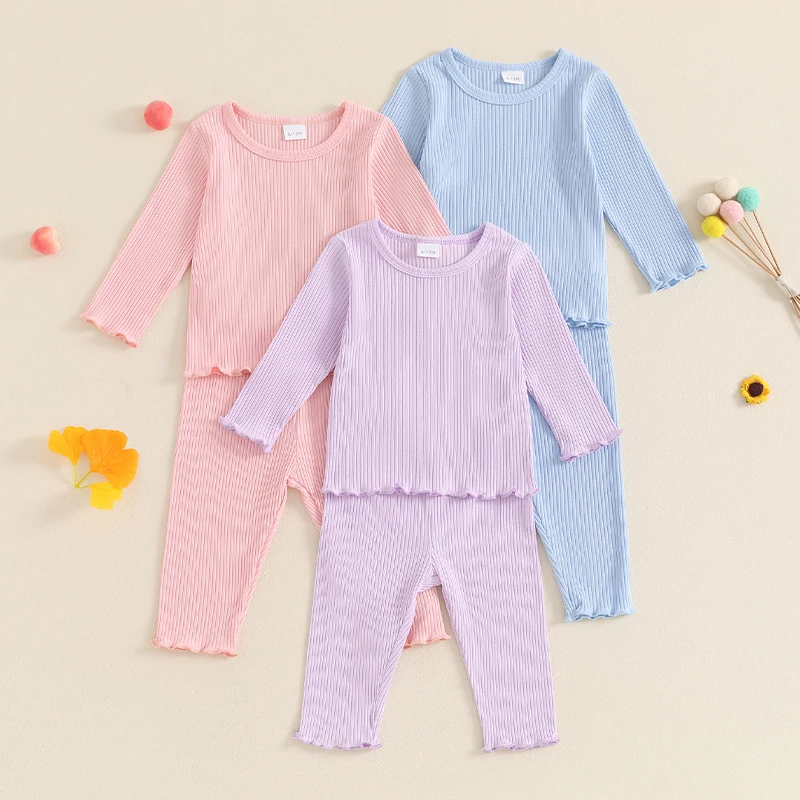 Autumn Children's Clothes Sets for Girl Solid Frill Trim Long Sleeve Ribbed T-shirts+Elastic Waist Pants Leggings Casual Outfits