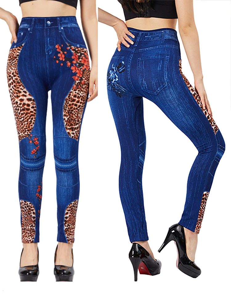 YSDNCHI Leopard Plum Blossom Print Blue False Jeans Slim Fit Fake Jeggings Women Pencil Pants Stretch Imitation Denim Leggings