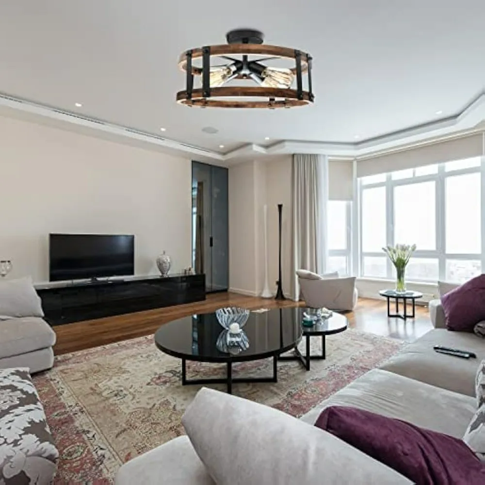 مصباح سقف شبه متساطح على طراز المزرعة الحديثة، تركيبات لظل الطبل الخشبي، إضاءة ريفية لمدخل المدخل #6