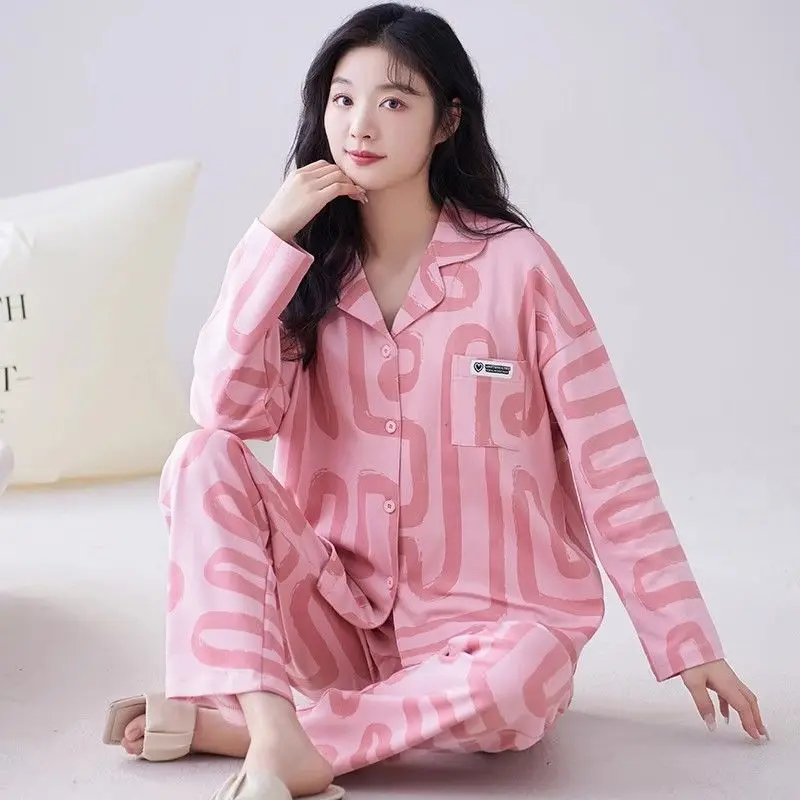 100% Cotton Pajamas Women's Autumn Winter Pyjamas Women Long-sleeved Trousers Sleepwear Cardigan Lapel Simple Loose Loungewear