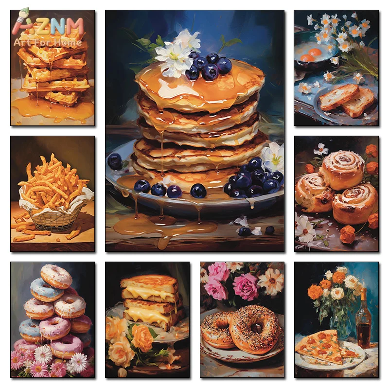 AZNM Unframed Canvas Print Oil Painting Style Food Wall Art Pancake Donut Bread Kitchen Home Decor Poster