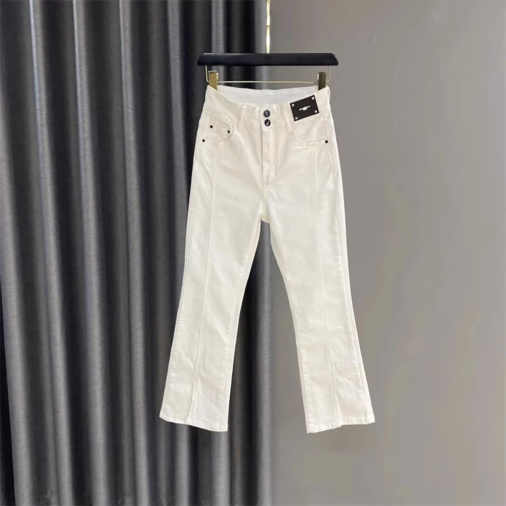 

Women Slim White Jeans Fashion High Waist Slit Flared Trousers Spring Summer Elegant Lady Ankle-Length Denim Pants