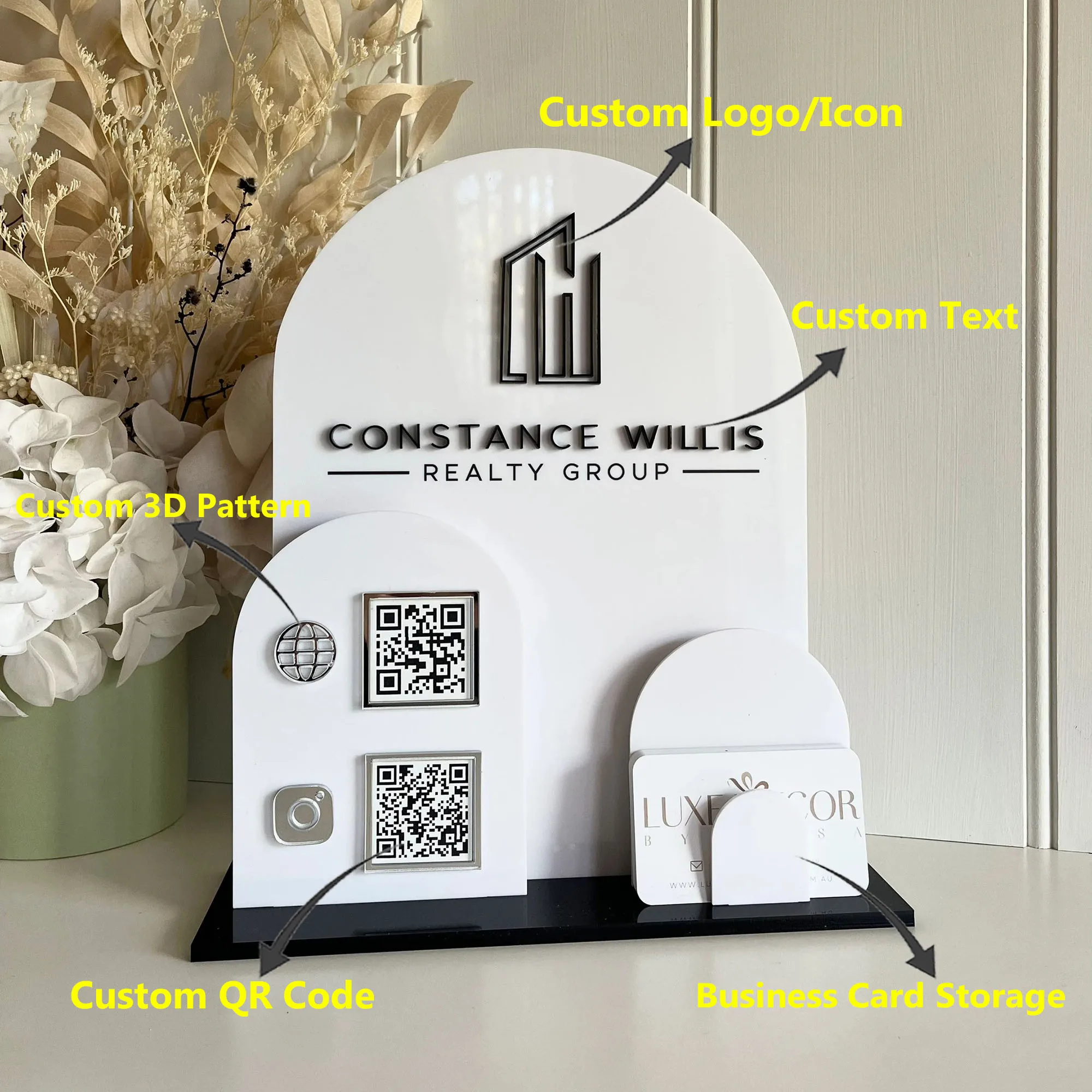 Présentoir de Code QR de bureau en acrylique arqué multicolore personnalisable avec fente pour carte de visite pour les entreprises de paiement des médias sociaux