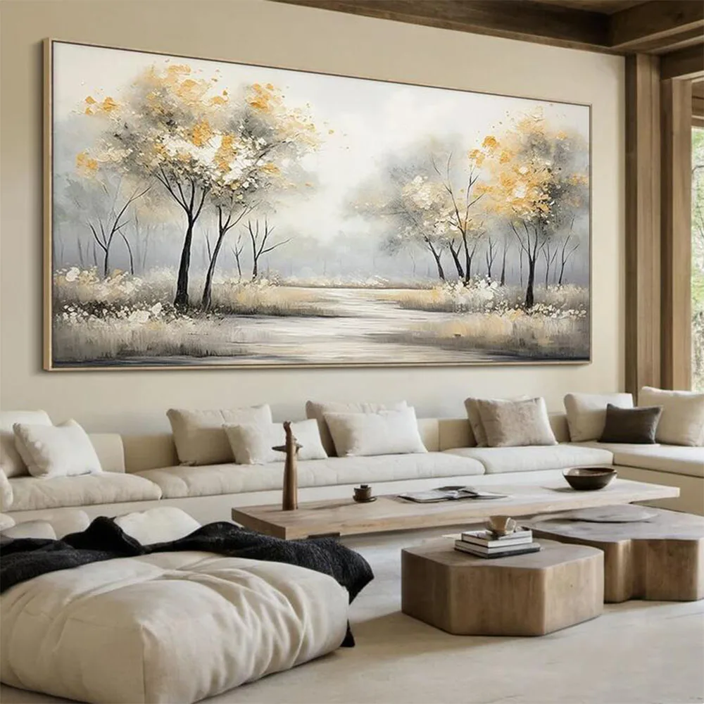 

Abstract foggy scene hand-painted oil painting, natural gray forest plant painting, modern living room decoration painting
