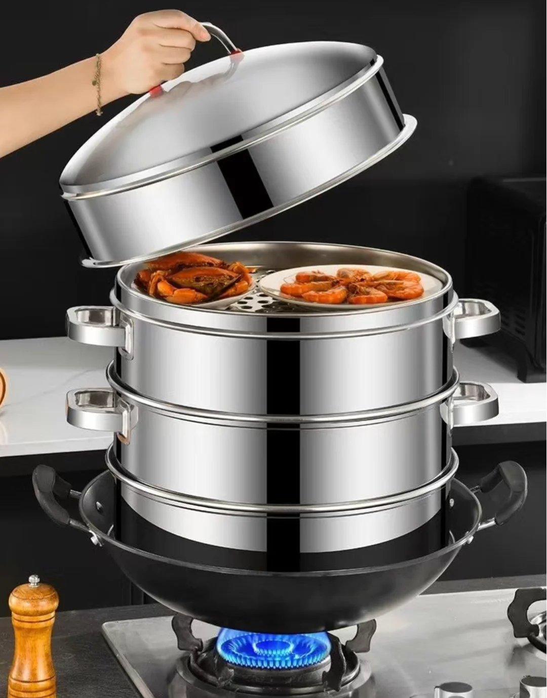 Commercial 38cm-62cm Large Size Stainless Steel 5-Layer Gas & Induction Ready Steamer Cooker Food Steamer for Hotel Restaurants