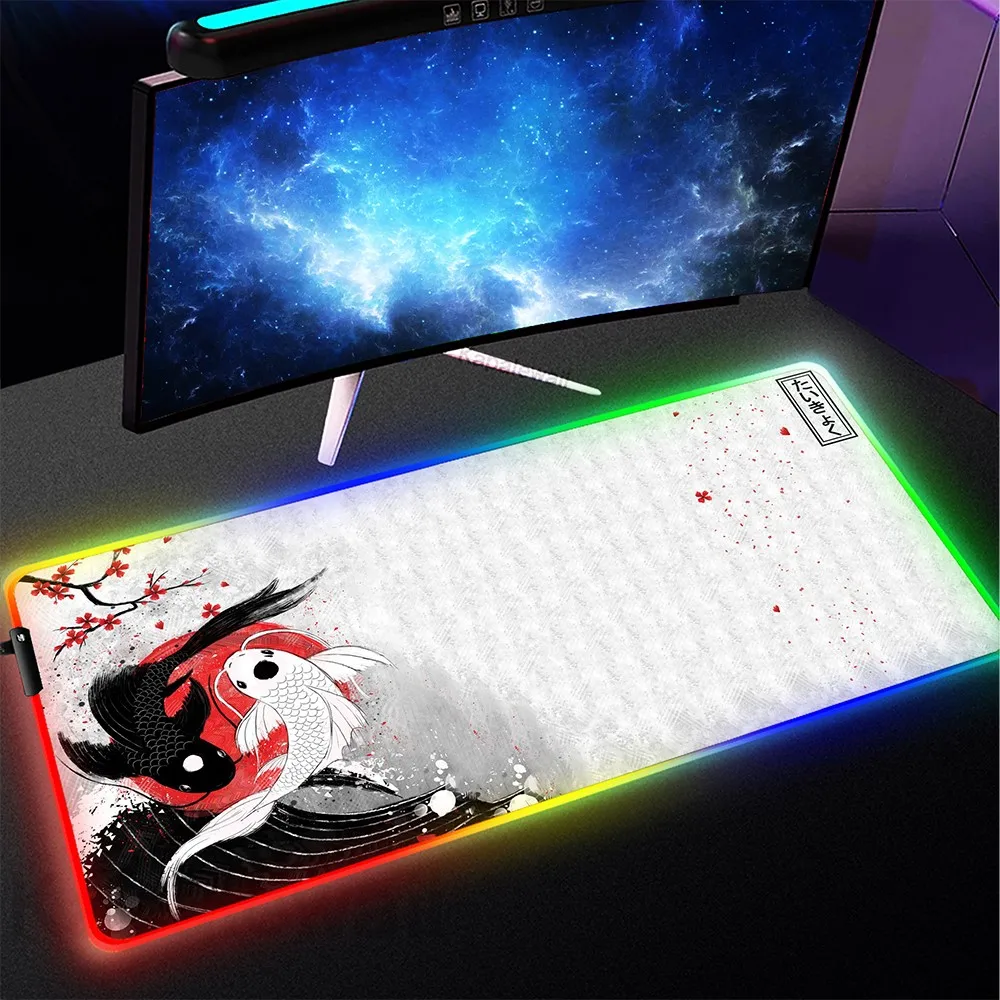 Alas Tetikus Permainan XXL Alas Tetikus Bercahaya Gaming Besar LED Jepang Alas Mouse Besar Alas Mouse Pemain Game Dragon RGB Bantalan Meja Tatakan Keyboard Berlampu Latar