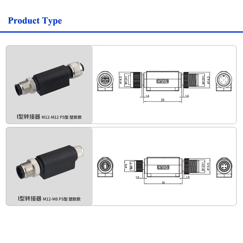 M12 Male to Female Connector Adapter I-type M12 to M8 Aviation Plug Industrial Grade 2/3/4 /5/6/8 Pin Through Panel Socket