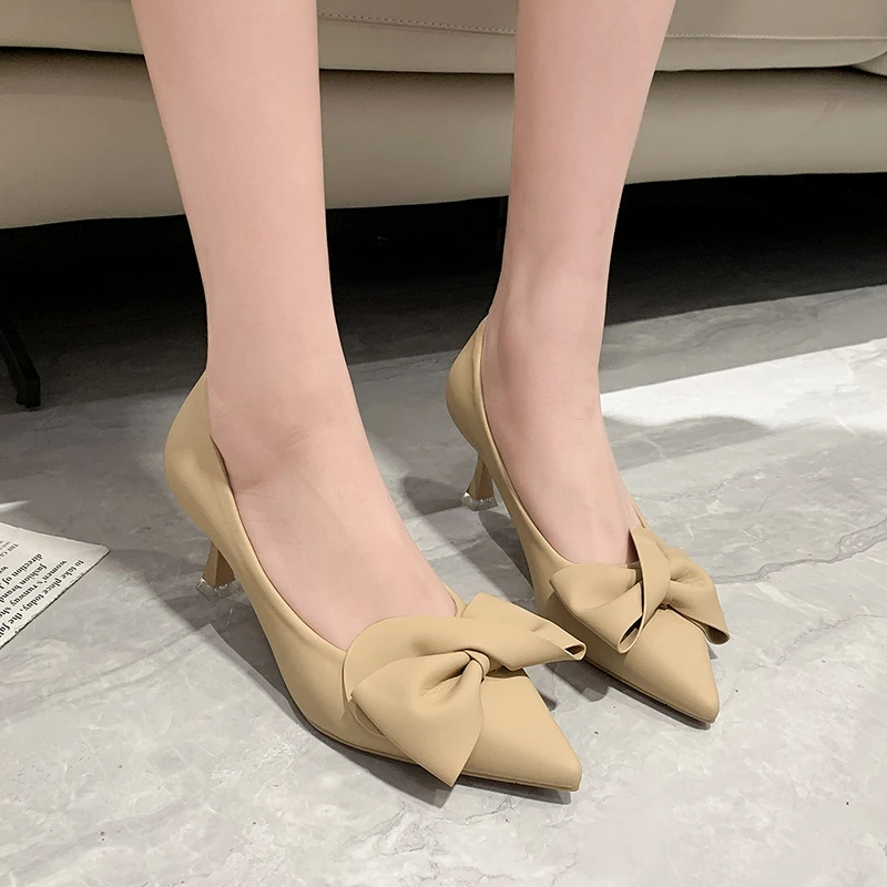 Women's Single Shoes 2024 Spring New Bow Decoration Pointed Shallow Mouth One Step Slim Heel Versatile Single Shoes for Women