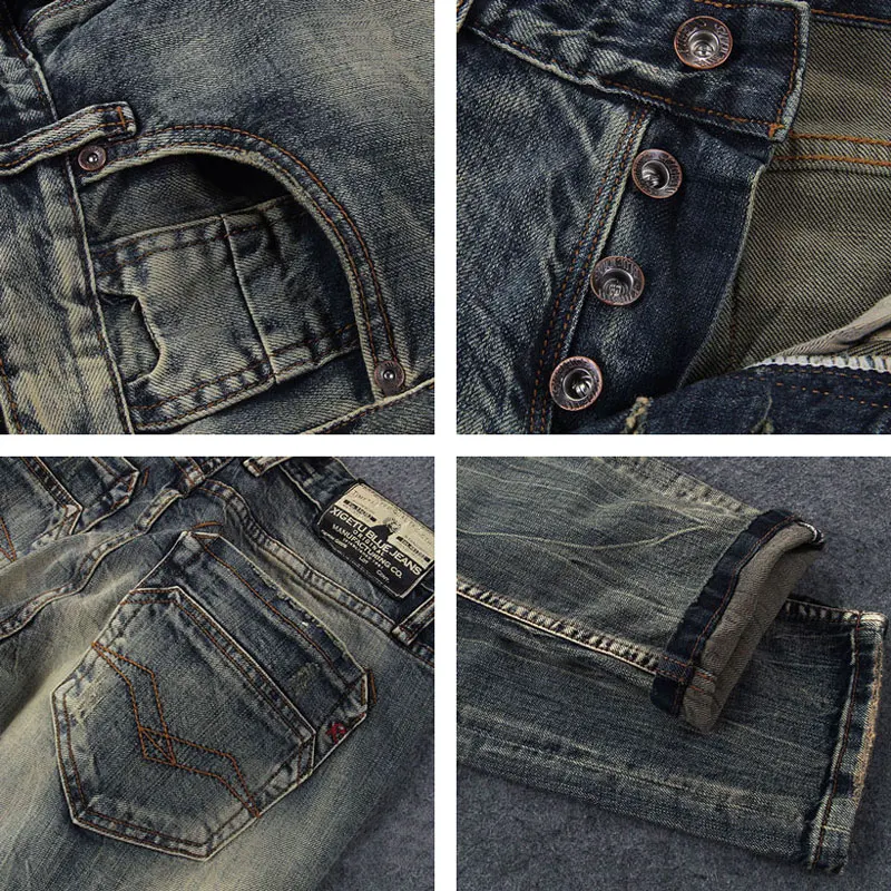 Italian Style Fashion Men Jeans Retro Washed High Quality Stretch Slim Fit Ripped Jeans Men Vintage Designer Buttons Denim Pants