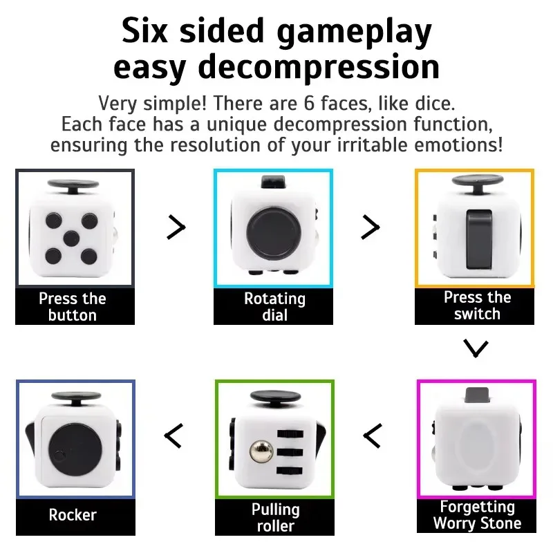 6-Side Fidget Cube & Spinner - لعبة التركيز الحسي لتخفيف التوتر، مساعد القلق الصامت ADHD للأطفال والكبار