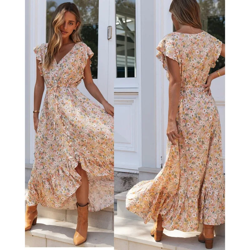 

Summer Bestseller V Neck Printed Dress Single Button Asymmetric Waist Tie Belt Maxi Dress Floral Pattern Casual Beach Dress