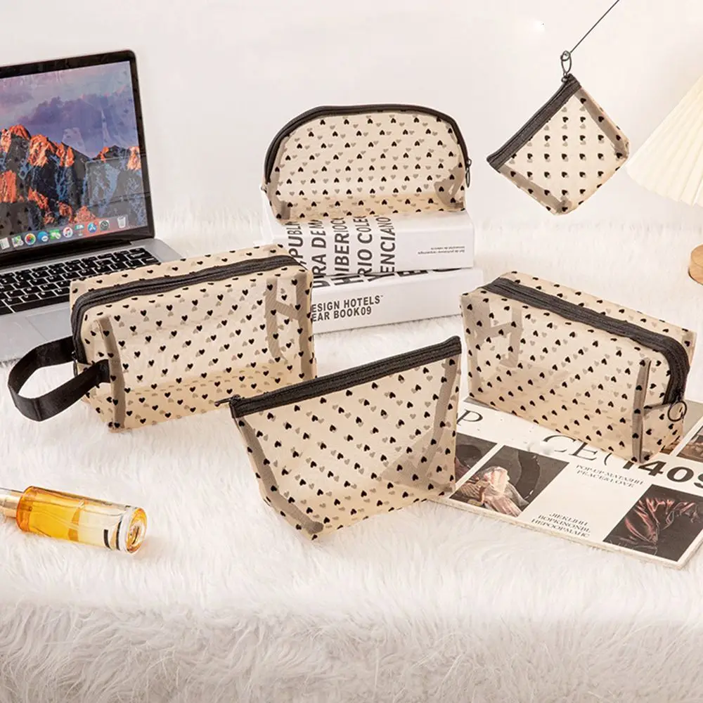 Heart Transparent Mesh Makeup Bag Multifunction Blue/Purple Ladies Toiletry Storage Bag Portable Women Cosmetic Storage Pouch