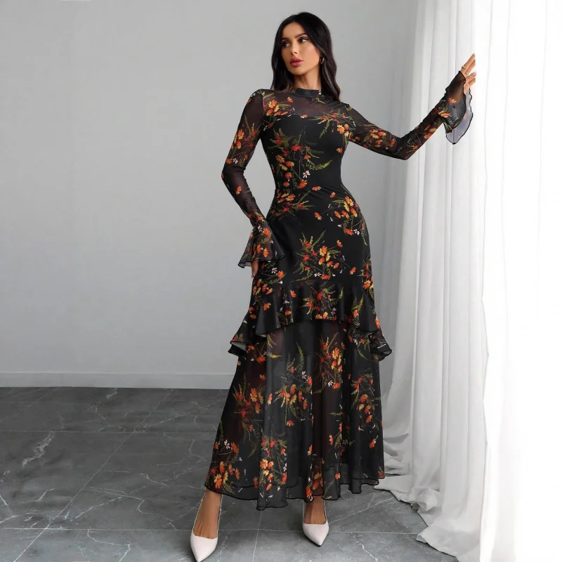 Robe longue à imprimé floral pour femme avec manches flottantes – Robe longue noire à motif botanique, vêtements de station de vacances ​
