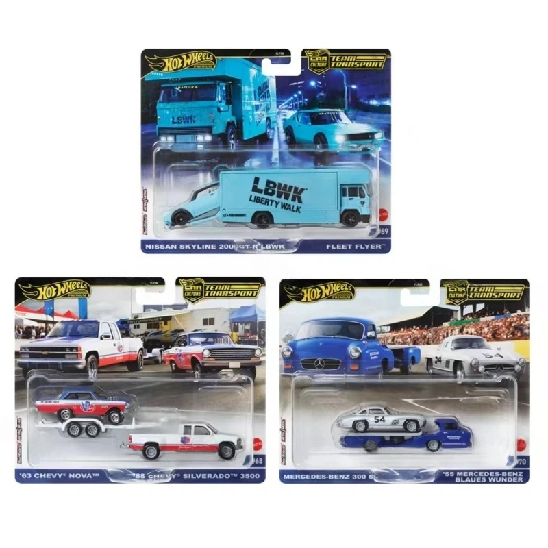 Original 2025 HotWheels 1/64 รถขนส่งทีมรุ่นFLF56 Nissan Skyline Chevrolet Mercedesจําลองสะสมรุ่น