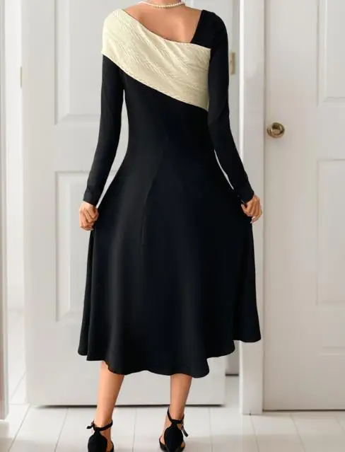 2025春夏新作　万能でセクシー、エレガントなウエストシェイプ、ゆったりとしたAラインのイレギュラーVネックカラーブロックワンピース