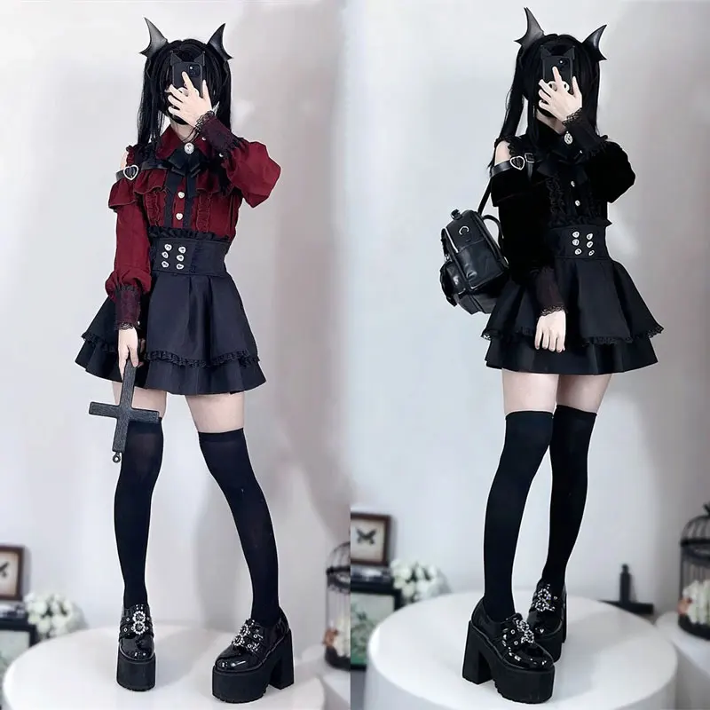 Ensemble chemise et jupe Lolita Jirai Kei pour filles, chemise à manches longues avec nœud Kawaii, jupes noires, style japonais Y2K, ensemble élégant pour femmes