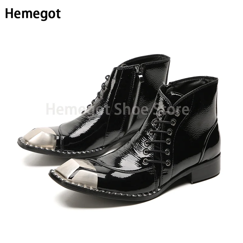 

Metal Square Toe High-Heeled Ankle Boots for Men Side Zipper Lace Up Western Knight Boots Iron Toe Men's Shoes Chelsea Boots