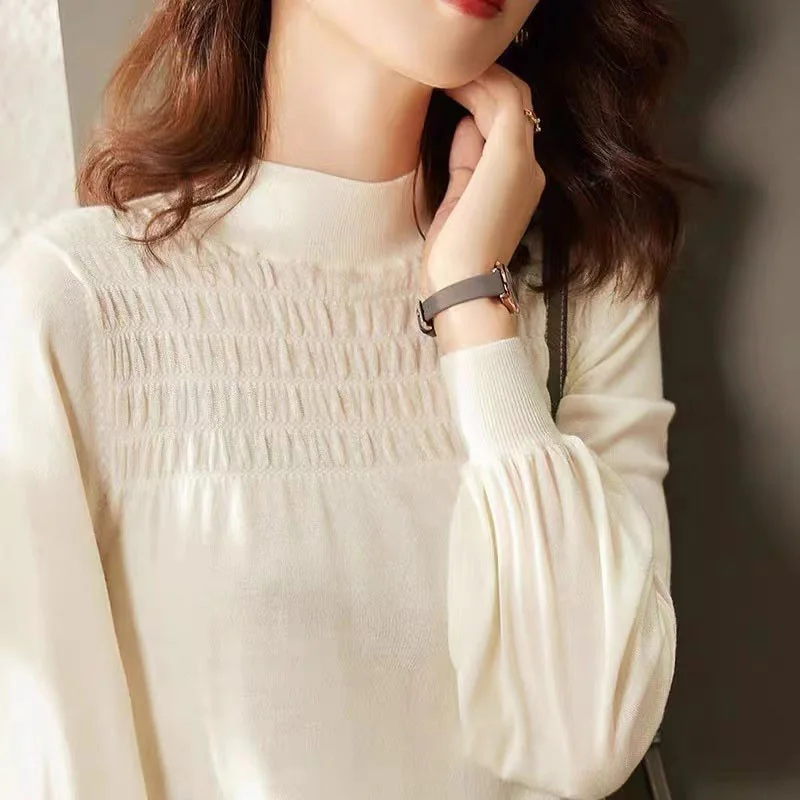 

Lamb Sve Camere Knitted irt Women's Autumn Winter New Sle Elely Slim Fit f High Collar Folded Design Base Layer