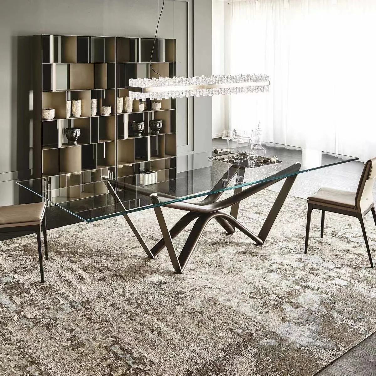 designer dining table minimalist rectangular high-end restaurant luxury tempered glass tabletop