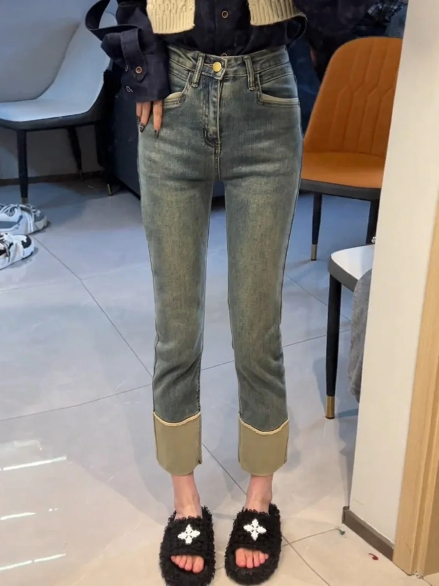 

High Waist Patchwork Straight Leg Jeans Women plus Size Spring Autumn Cuffed Pear aped Body Elastic Slimming e Tube Pants
