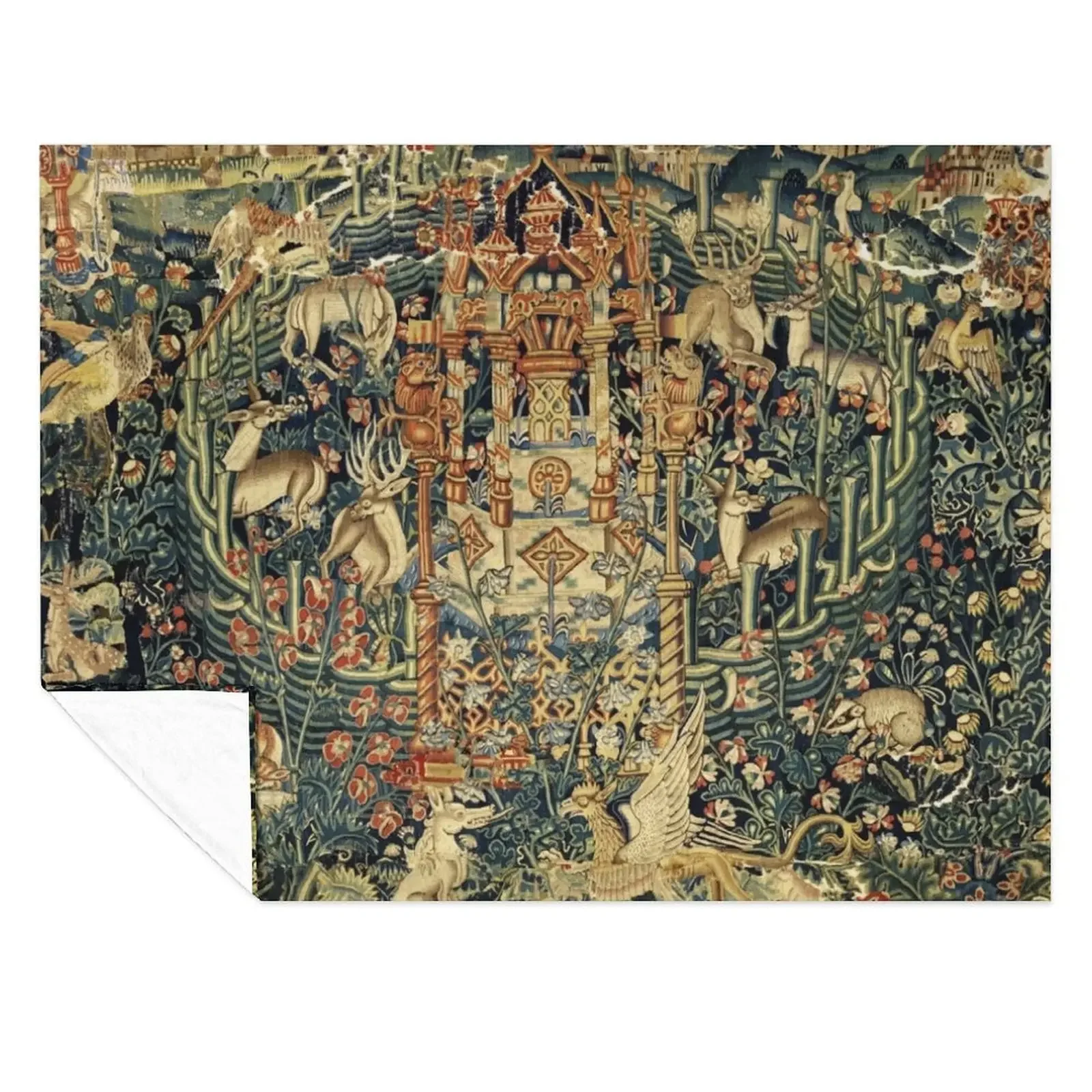 

SOURCE OF LIFE Verdure with Forest Animals in Private Garden, Floral Medieval Tapesty Throw Blanket Single Travel Blankets