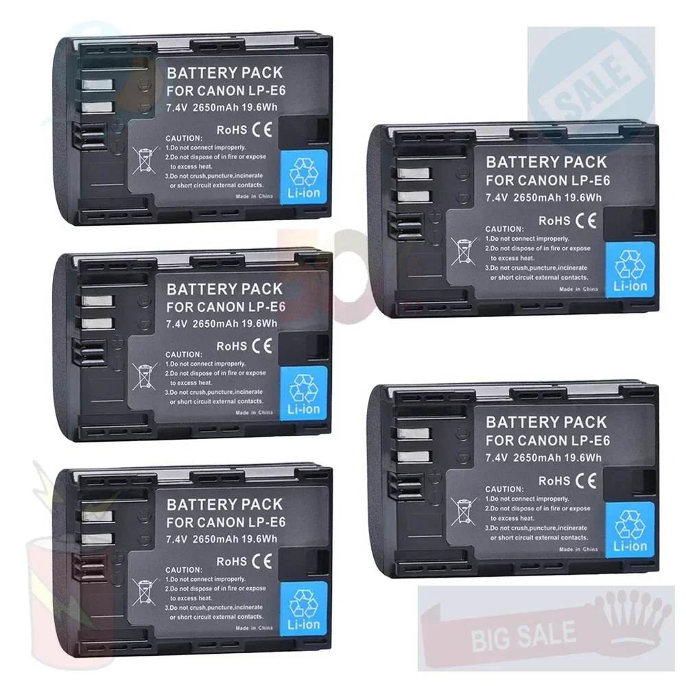 5pcs 2650mAh LP-E6 LP-E6N LPE6 LP E6 Battery For Canon EOS R R5 R6 5DS R 5D Mark II 3 5D Mark III 6D 7D 60D 60Da 70D 90D
