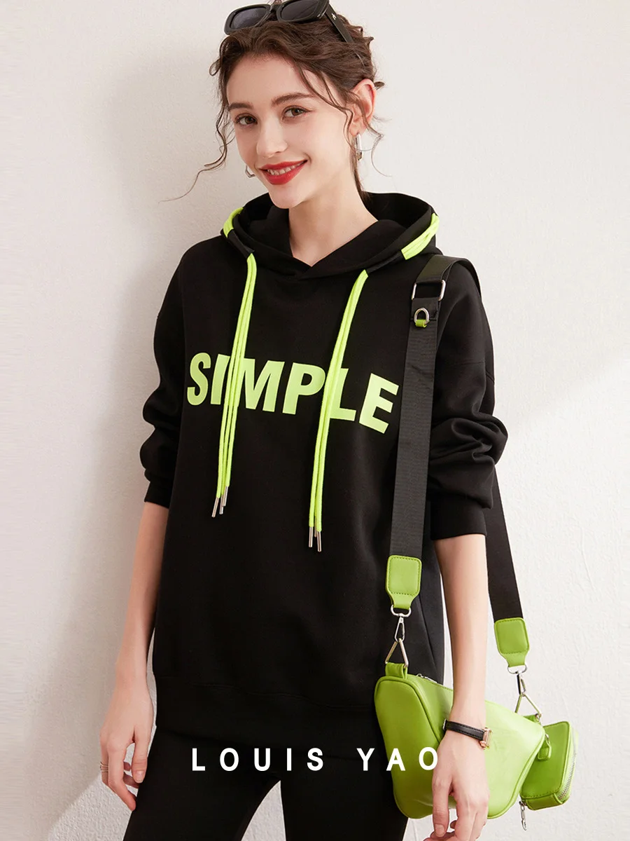 

LOUIS YAO 2024 Autumn Contrast Color Letter Hooded Sweatshirt Casual Drop Shoulder Sleeve Top Casual Women's Hoodie