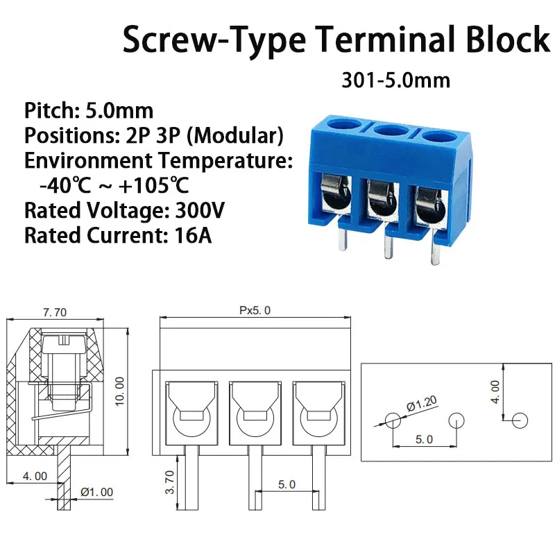 บล็อกขั้วต่อสไตล์ยุโรป 301-5.0 มม. - ขั้วต่อสกรู PCB 2P/3P สีน้ำเงินที่ซ้อนกันได้/การจัดวางแบบซ้อนกันได้ 2P/3P