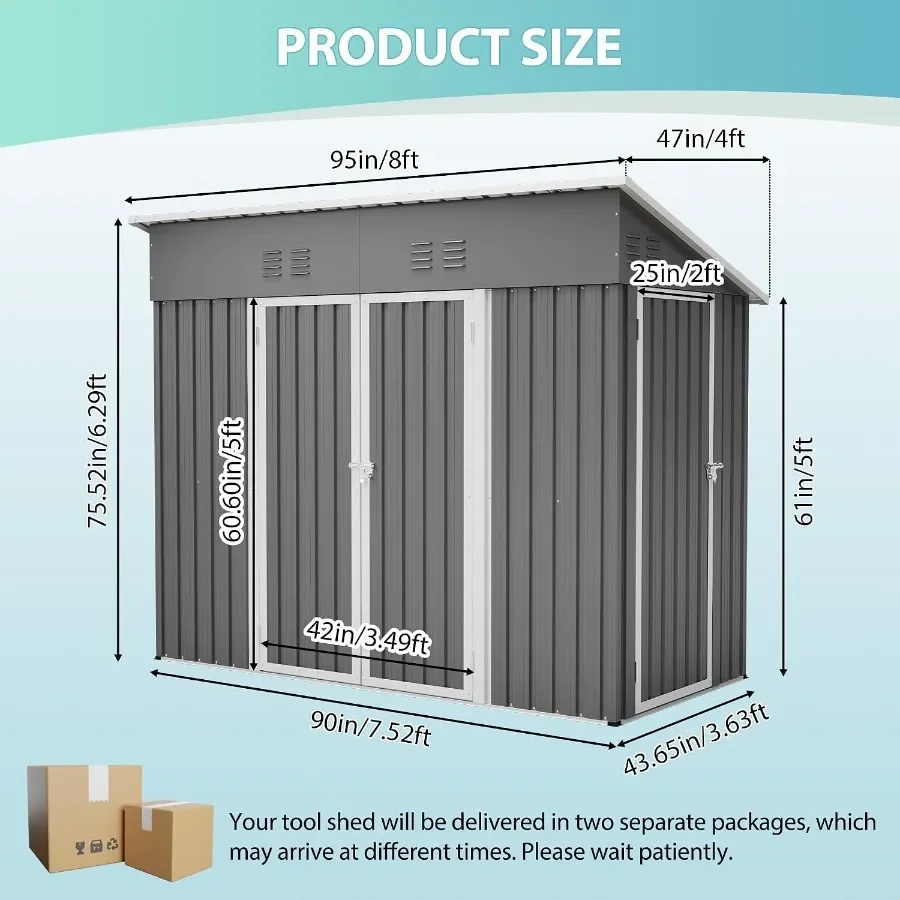 Outdoor Metal Storage Shed for Garden, Patio, Courtyard Use; Galvanized Steel; Gray; Triple Lockable Doors, Floor Frame, Slopin