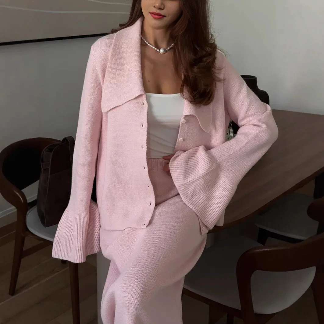 

SS25 Women's V-Neck Knit Cardigan Set Flared Sleeve Top with A-Line Skirt Office Daily Wear