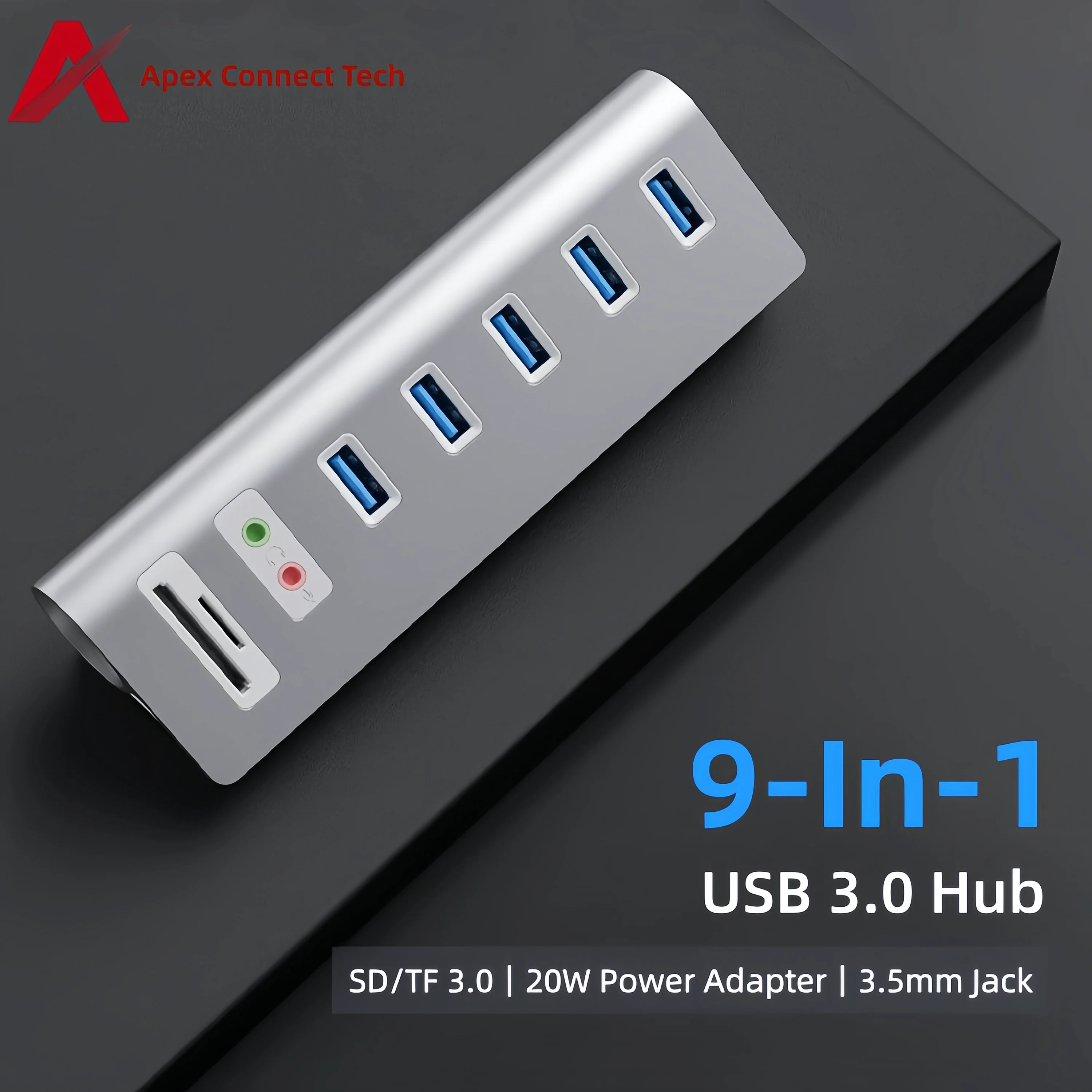 

USB 3.0 Hub 5Gbps High Speed 9 in 1 Audio Jack SD TF Card Reader 3.0 with Power Supply USB Splitter Multiple Port for Laptop PC