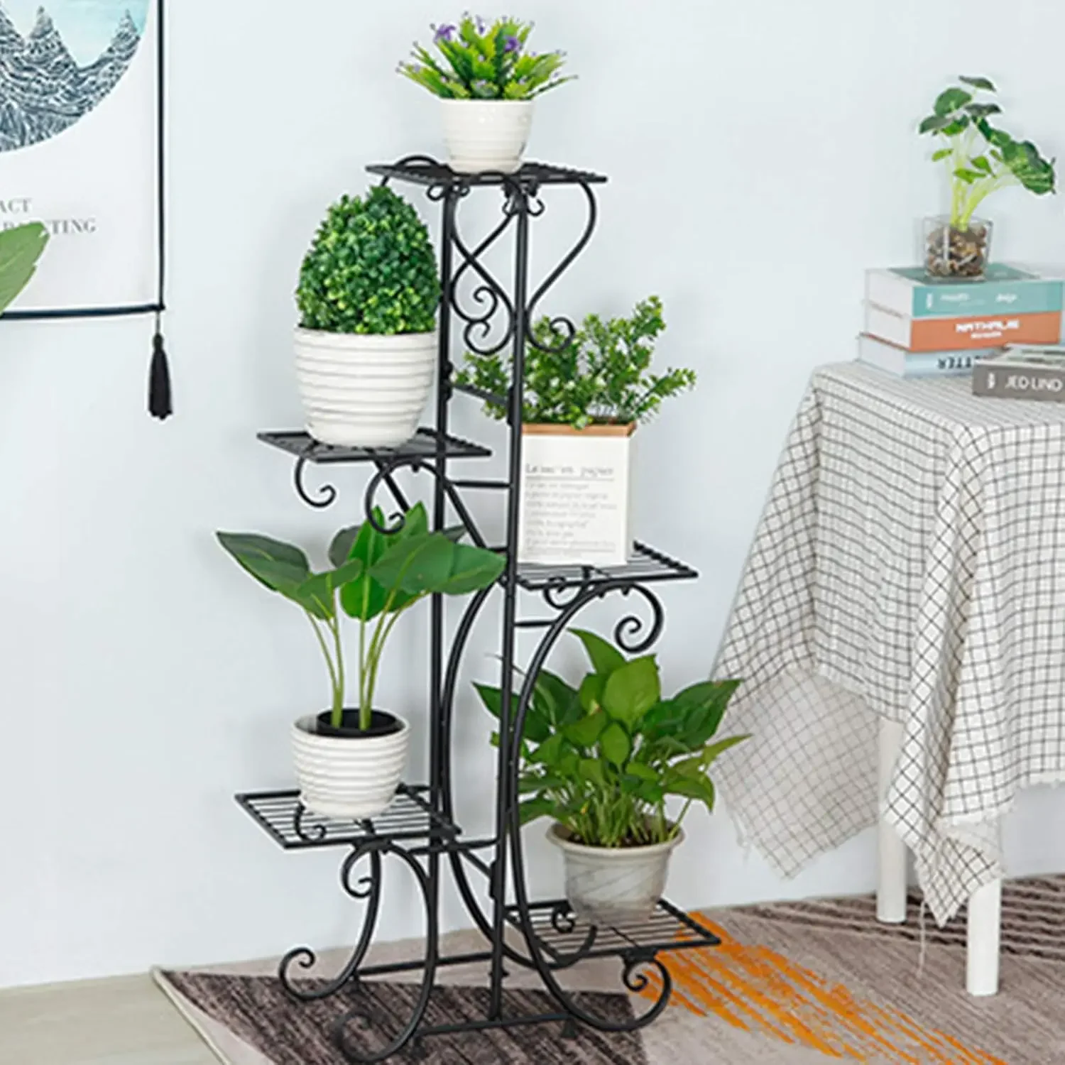 Soporte para plantas de 5 niveles para interiores y exteriores, soporte alto para exhibición de flores, estante para plantas de varios niveles para plantas, soporte esquinero para plantas