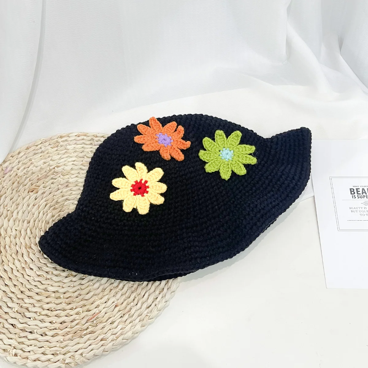 Woman Handmade Crochet Colorful Flower Bucket Hats Y2K Street Spring and Autumn Versatile Fashion Big Brim Retro Basin Cap