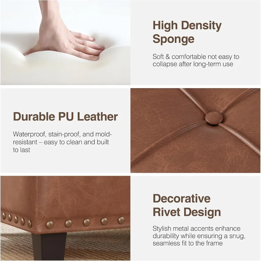 مسند جلدي مربع كبير مع مساحة تخزين مخفية وتصميم علوي متعدد الاستخدامات ومسند للقدمين مع زعانف من الجلد الصناعي #6