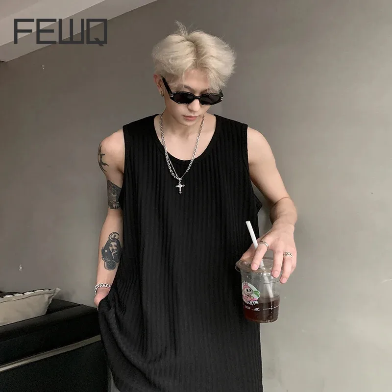 FEWQ Stripe Solid Color Vest Sleeveless T-shirt 2024 Round Neck Solid Color Korea Fashion Male Tops Casual 24E1605