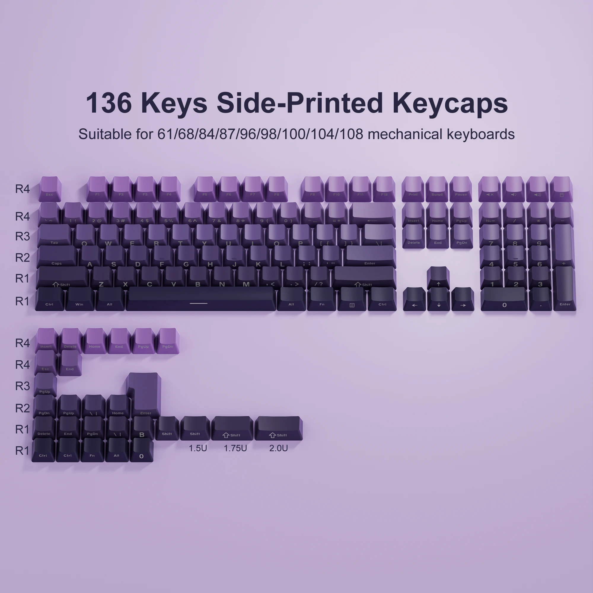 

136 Key Side Print Shine Through Gradient Purple PBT Double Shot Backlit keycaps For MX 108 96 87 84 68 64 61Mechanical Keyboard