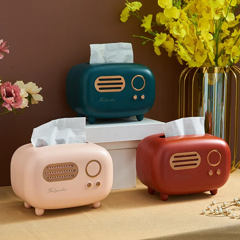 Retro Radio Model Tissue Box Desktop Paper Holder Vintage Dispenser Storage Napkin Case Organizer Ornament Wet Wipes Decoration