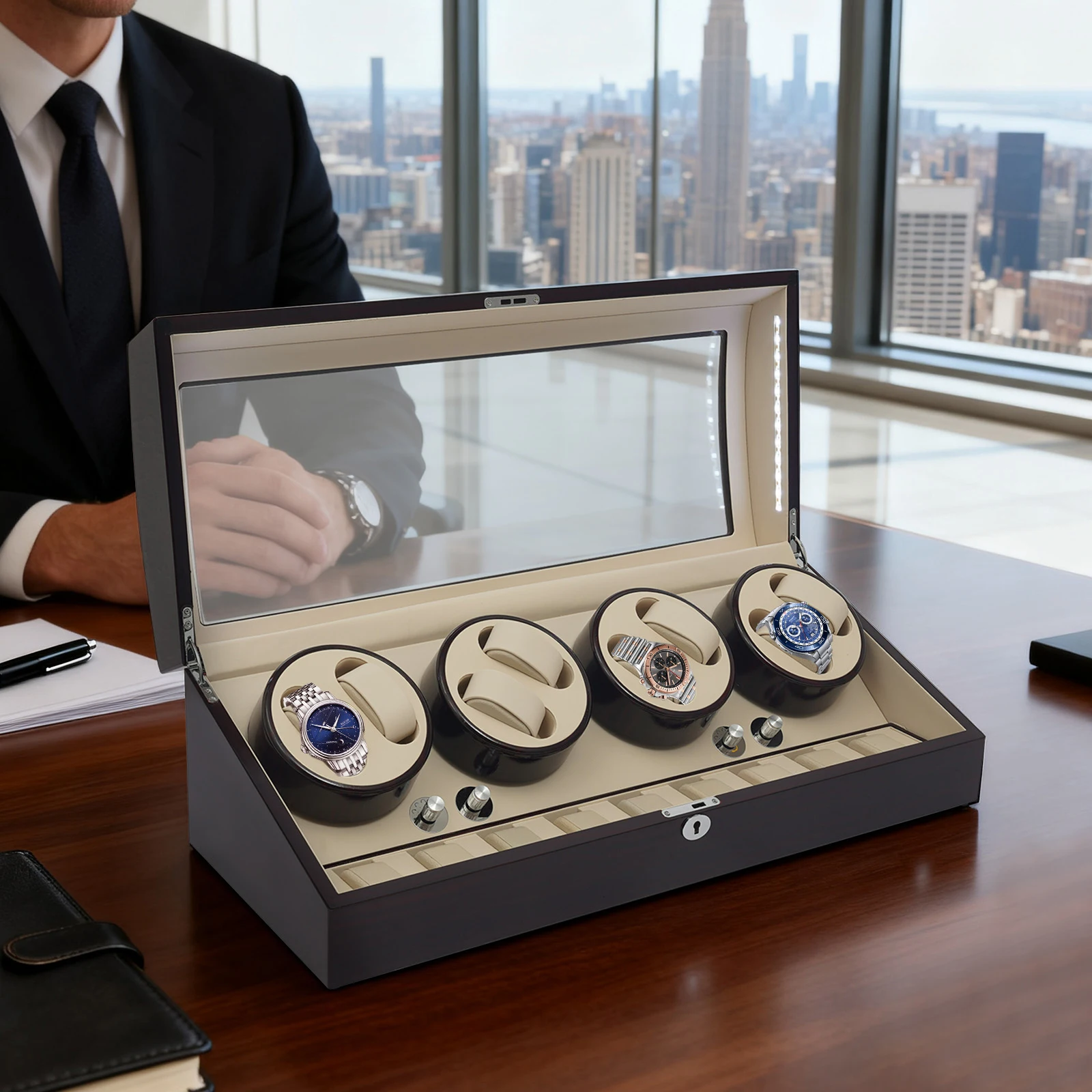 ملفاف ساعة 8+9 للساعات الأوتوماتيكية، علبة عرض ساعة محرك صامتة 10 ديسيبل مع غطاء مفتوح توقف 5 سرعات طلاء خبز من خشب الأبنوس #3