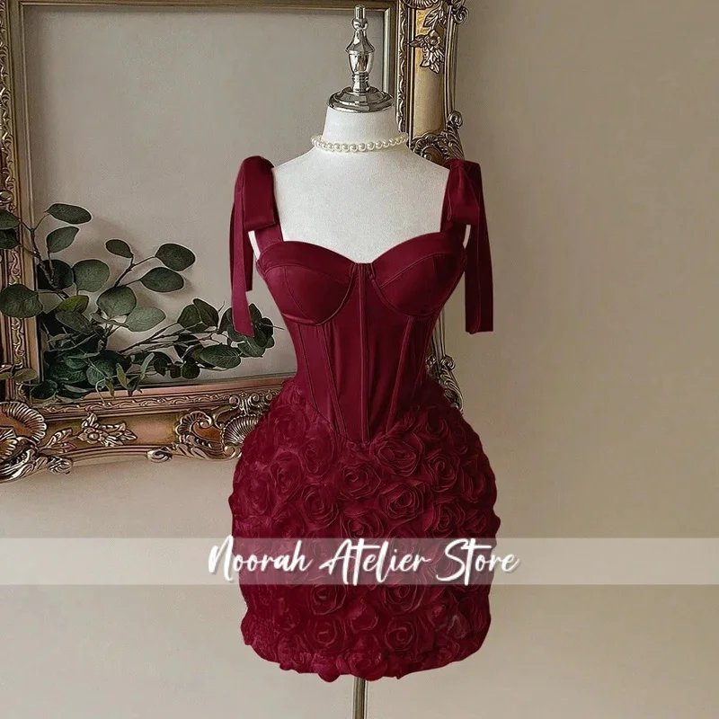 Attractive Homecoming Dresses for Woman with 3D Flower Spaghetti Straps Sheath Satin Mini Deep De Gala Customized