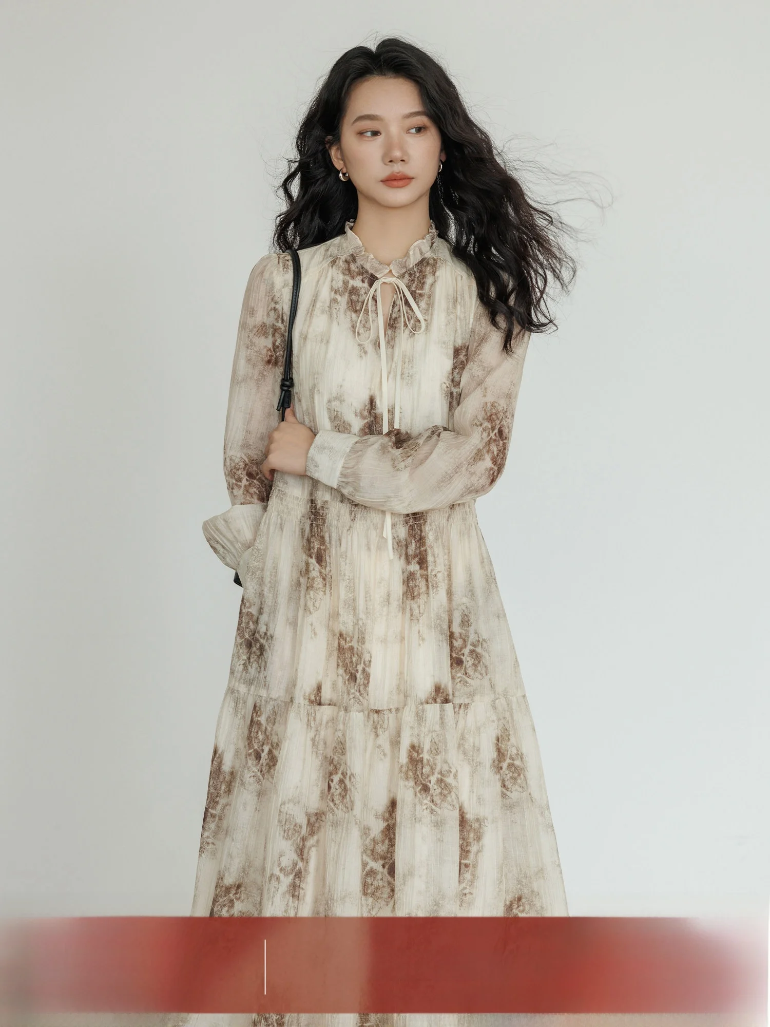 

Vastand Vintage Long Sleeve Print Dress Women's Classy Gown V-Neck A-Line Skirt Commute Style Spring Summer Nylon Fabric