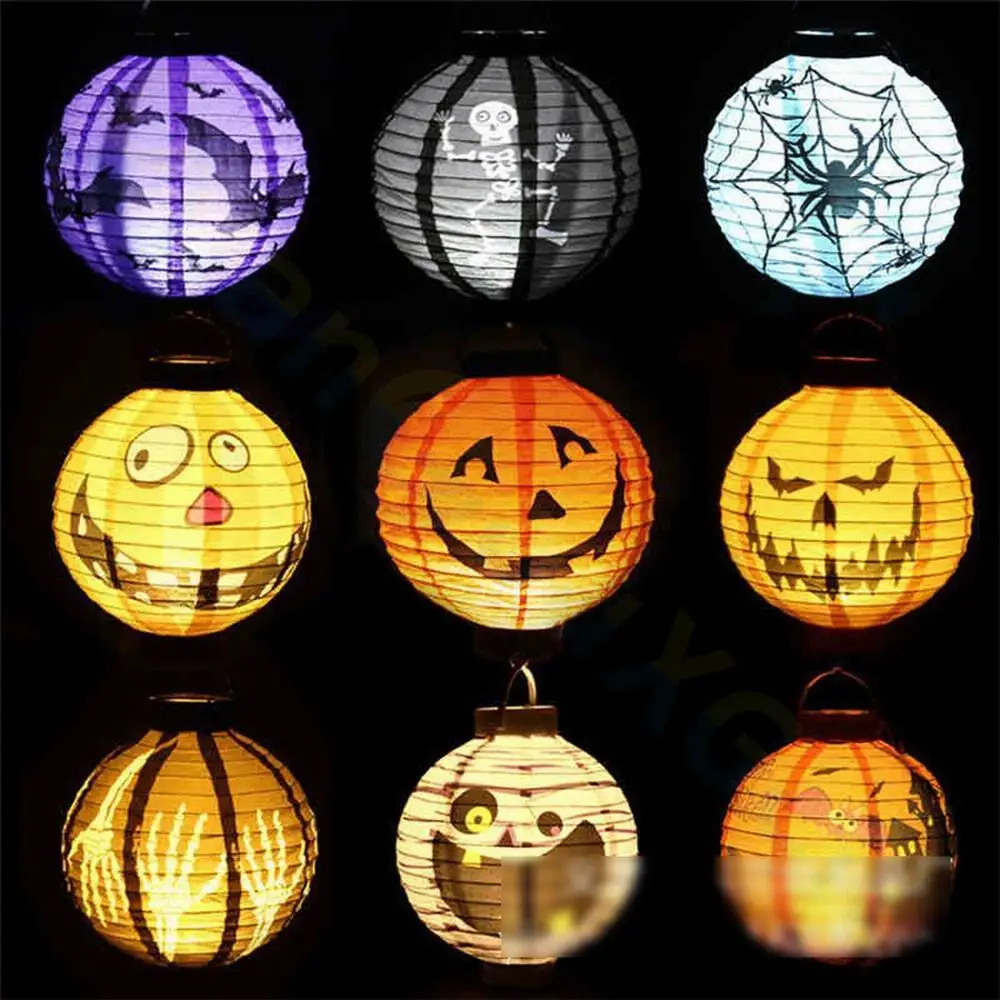 8inch LED Halloween Paper Pumpkin Hanging Lantern Light Horror Spider Halloween Decor Gift Lampion Holiday DIY Decorations