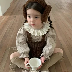 2024 Autumn and Winter Baby Lace Collar Bottoming Shirt Top Baby Girl Vintage Floral Strap Fashion Sweet Princess Set