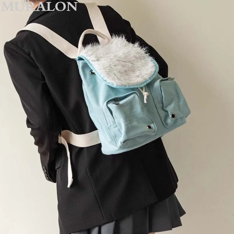 2025 New Plush Shoulder Bag Large Capacity Canvas Splicing Sports College Style Backpack Fashion Multi-pocket Design Student Bag