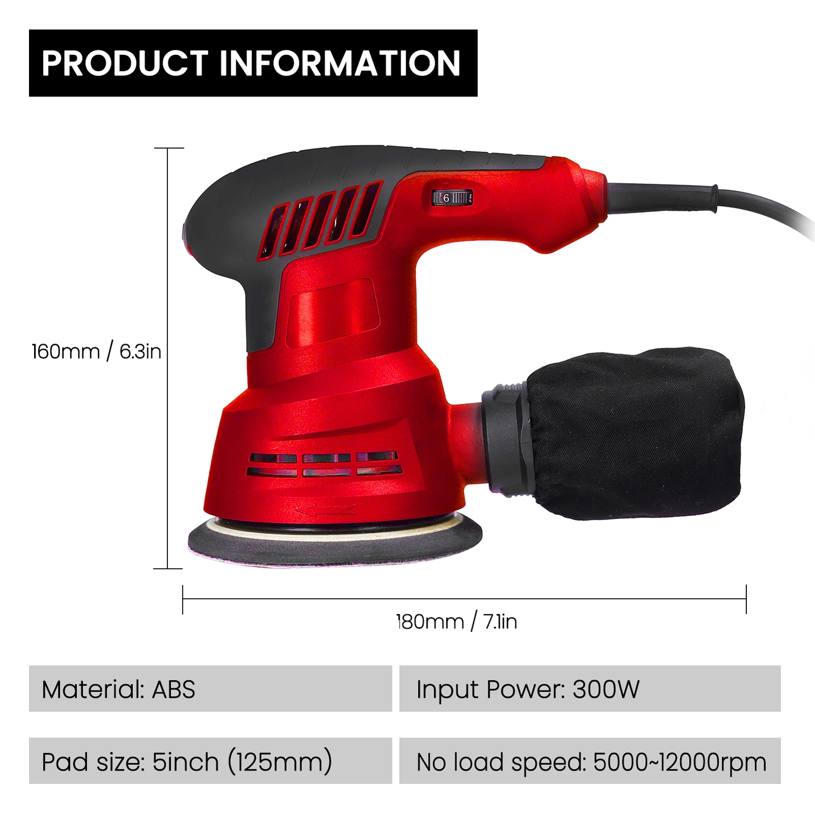 300W Handheld Electric Eccentric Sander 5Inch 125mm Sanding Plate Electric Sander Wood Processing Furniture Car Polishing Machin