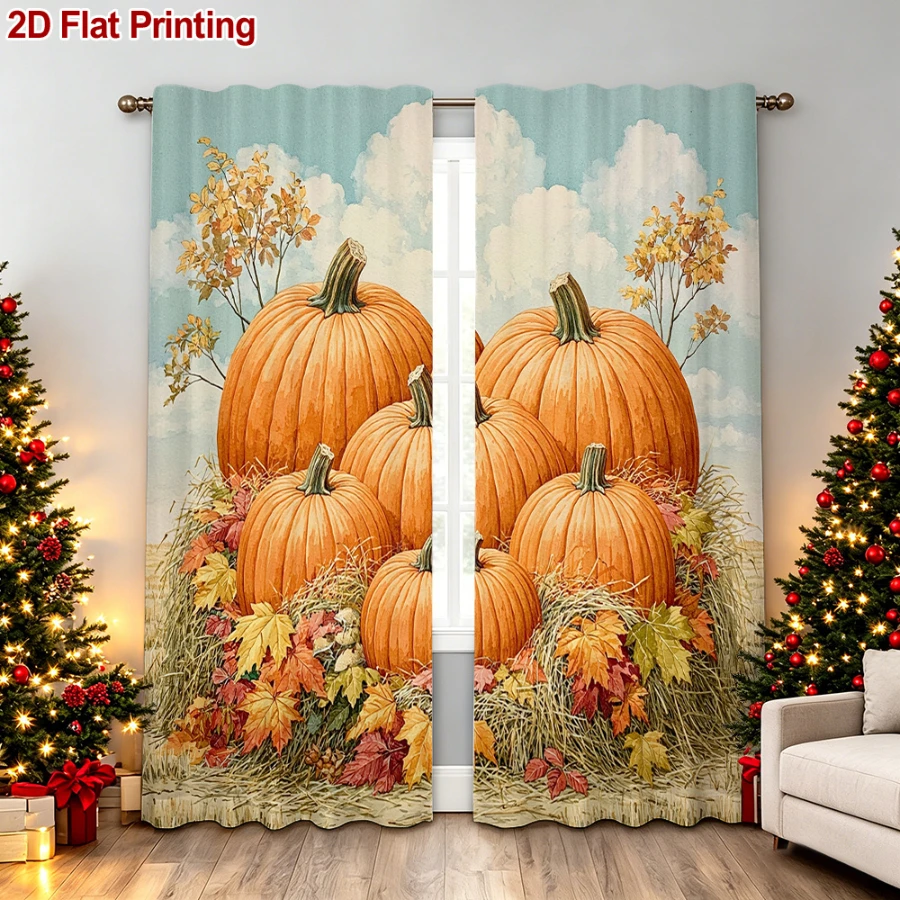 2PCS Digital Print Curtains, Fall Harvest Pumpkin Stack with Hay and Leaves Pattern, Blue Sky Watercolor Style for Dining ／