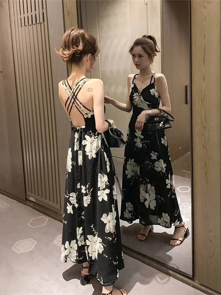 Sanya Beach Vacation Super Fairy Slim Floral Color Beach Long Dress Summer Ethnic Style Travel Photography  Dress