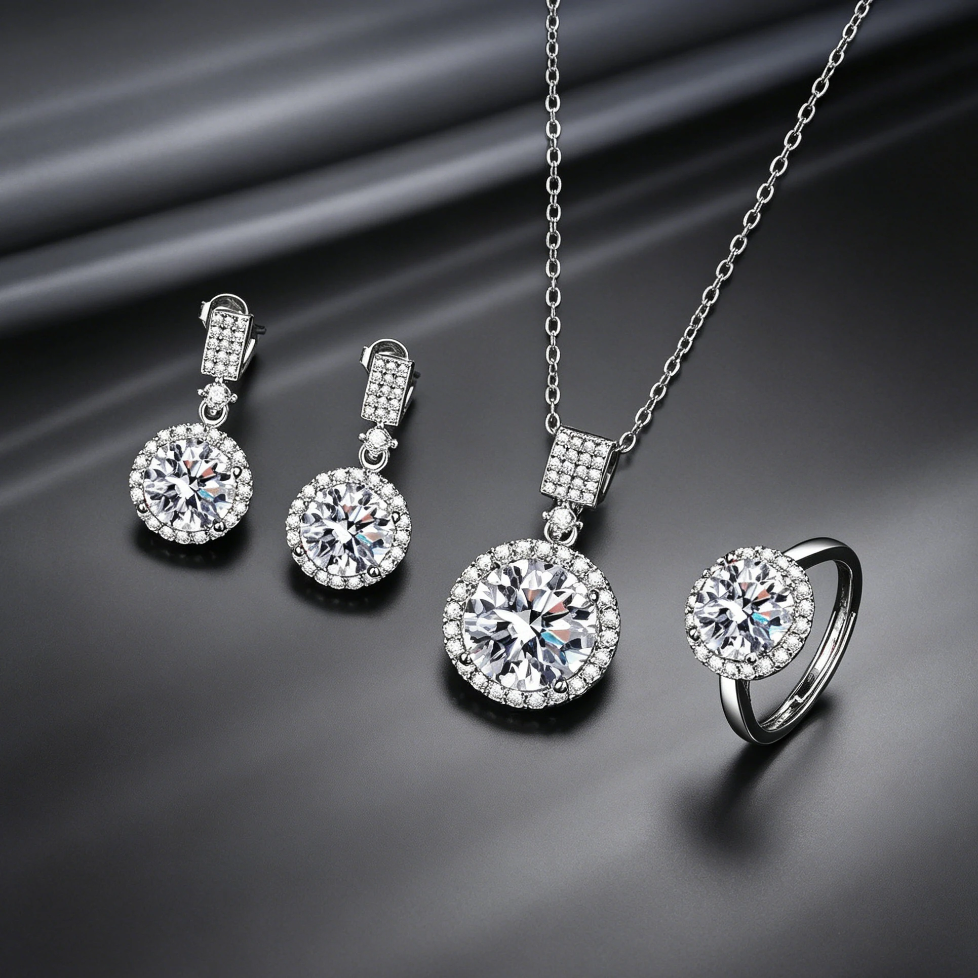 

Luxury 3Pcs Cubic Zirconia Jewelry Set for Women, Silver Plated Necklace, Earrings, and Ring, Perfect for Wedding and Party